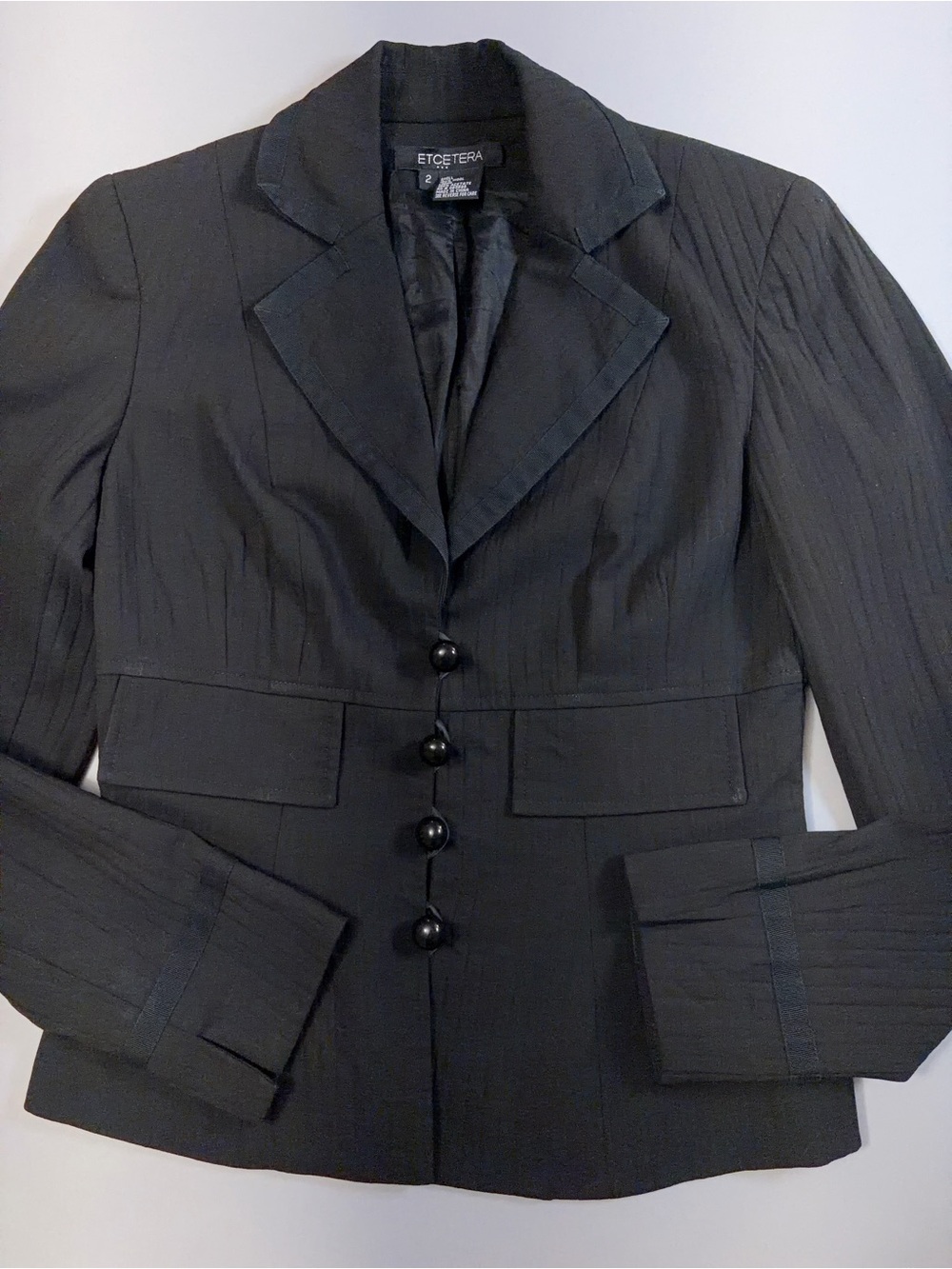 ETCETERA Black 100% Wool Tailored Blazer Jacket Pinstripe Weave Grosgrain Trim